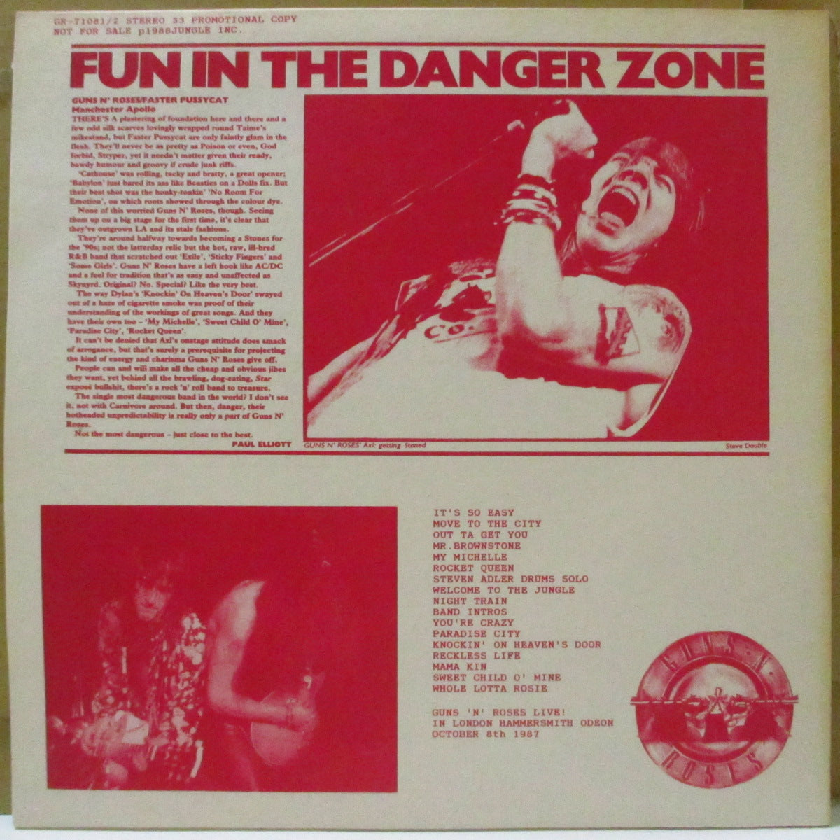 GUNS N' ROSES (ガンズ・アンド・ローゼズ)  - Fun In The Danger Zone (US 限定プレス 2xLP/ざら紙ジャケ) '88年ライブアルバム