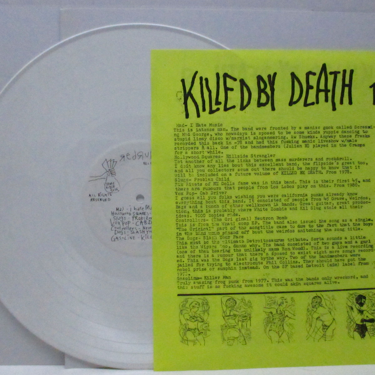 V.A. ('77-'82年各国レアパンク・コンピ)  - Killed By Death #1 (US 90's 再発「ホワイトヴァイナル」LP+「ネオンイエロー紙」インサート）