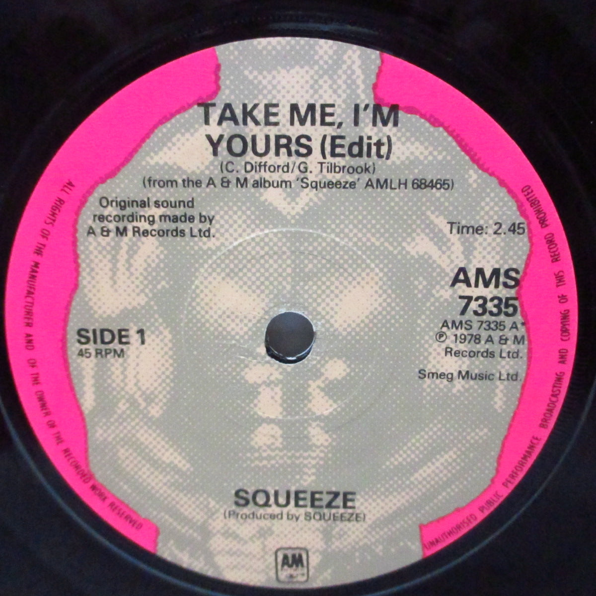 SQUEEZE (スクイーズ)  - Take Me I'm Yours (UK オリジナル「フラットセンター」7"/マットソフト紙ジャケ) タイトルに「(Edit)」表記が有るバージョン !