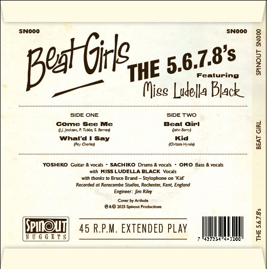 5.6.7.8’S , The feat.Miss Ludella Black (ザ・ファイブ・シックス・セブン・エイツ)  - Beat Girl E.P. (UK 1000枚限定 ジャケ付き 4曲入り7インチ/New) '25年英国録音新作カバー収録！入荷中！