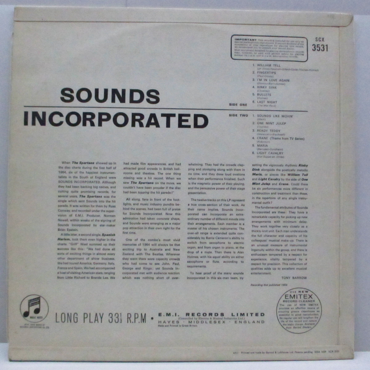 SOUNDS INCORPORATED (サウンズ・インコーポレイテッド)  - Sounds Incorporated (UK オリジナル「ステレオ」LP/表面コーティング3面折り返有りジャケ)