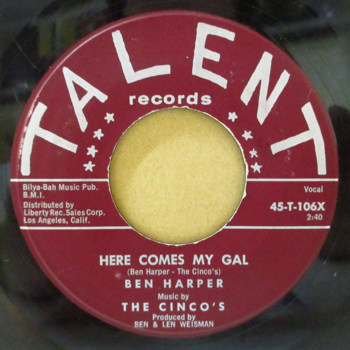 BEN HARPER & THE CINCO'S (ベン・ハーパー & ザ・シンコズ)  - Here Comes My Gal / Driveway Blues (US '60 オリジナル7インチ)デンジャー・ダウンホーム・ブルース！