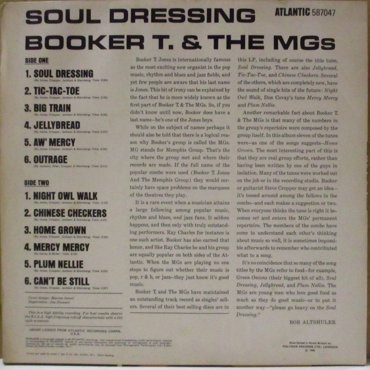 BOOKER T. & THE MG’S (ブッカーT ＆ ザ・MG'S)  - Soul Dressing (UK '67 初回再発「オレンジ/プラム・ラベ」モノラル LP/表面コーティング黒ジャケ) '65年名作2ndアルバム！