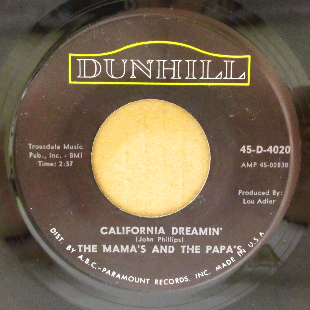 MAMAS & THE PAPAS, THE (ザ・ママス ＆ ザ・パパス)  - California Dreamin' (US '65 初回ダンヒル社オリジナル 7インチ) フラワーポップ名曲「夢のカリフォルニア」