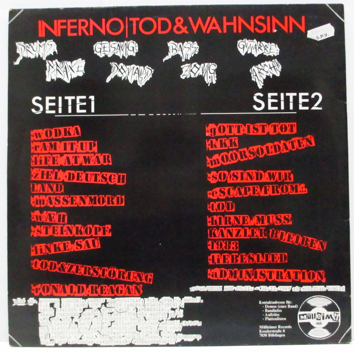 INFERNO (インフェルノ)  - Tod & Wahnsinn (German オリジナル「オレンジ/黒/赤」ラベ LP/「赤ロゴ」ジャケ）ブックレット無し！
