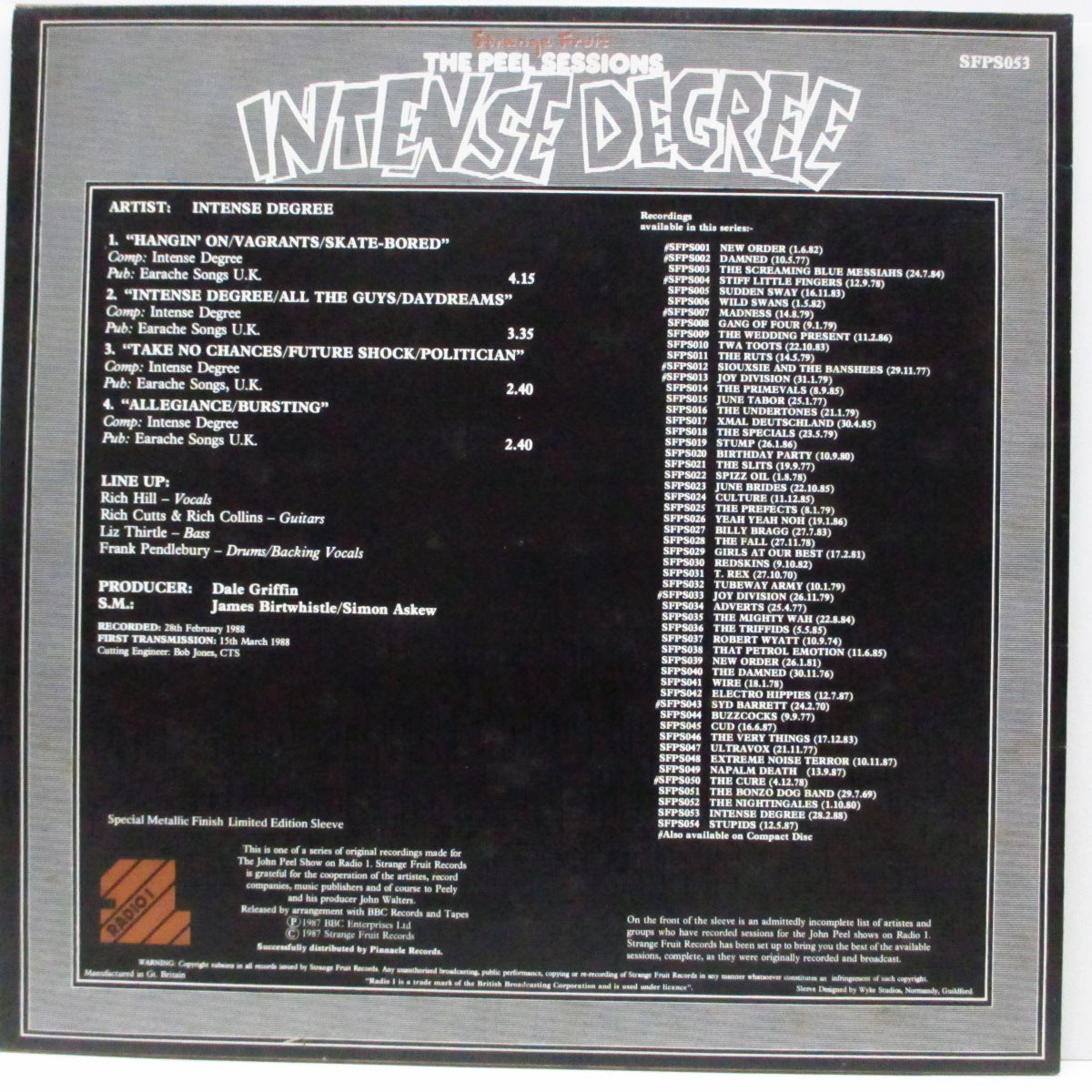INTENSE DEGREE (インテンス・ディグリー)  - The Peel Sessions (UK 限定 「グレイ＆ホワイト」ラベ 11曲入り 12"/メタリックジャケ）インサート無し！