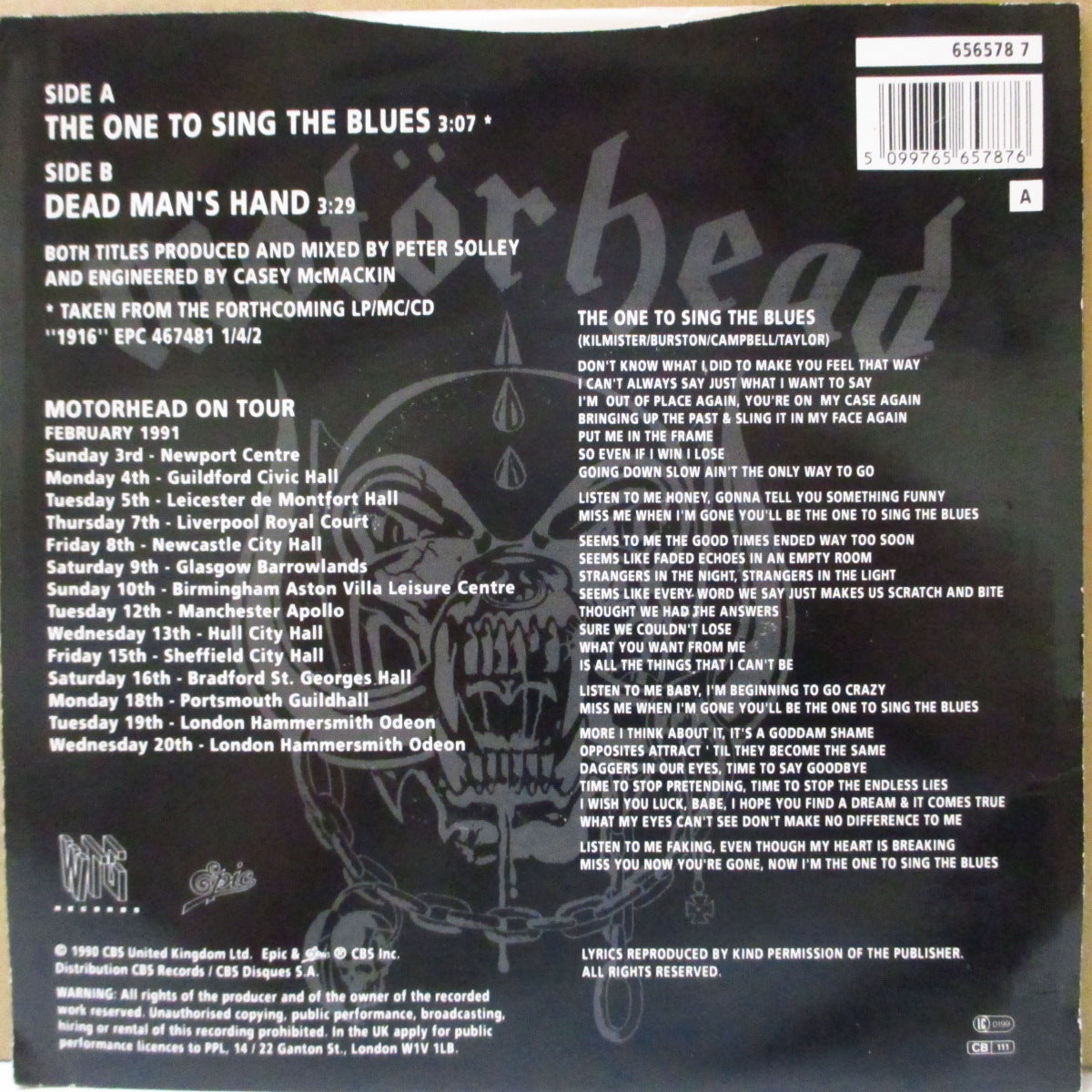MOTORHEAD  (モーターヘッド)  - The One To Sing The Blues (EU '91 オリジナル 7インチ+光沢固紙ジャケ)