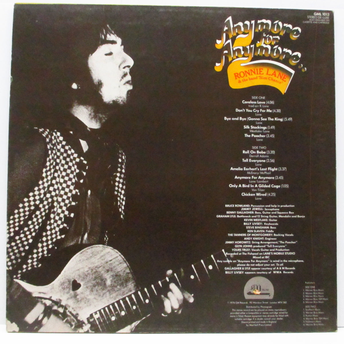 RONNIE LANE & SLIM CHANCE (ロニー・レイン & スリム・チャンス)  - Anymore For Anymore (UK オリジナル「ケルビム (智天使) ロゴ」ラベ LP/光沢ジャケ) '74年デビューアルバム！