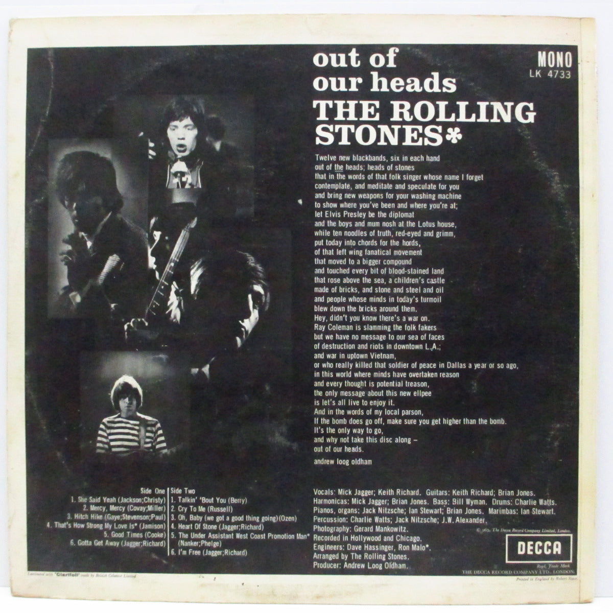 ROLLING STONES (ローリング・ストーンズ)  - Out Of Our Heads (UK オリジナル「モノラル」LP「Robert Stace.社製」表面コーティングジャケ) '65年サードアルバム！