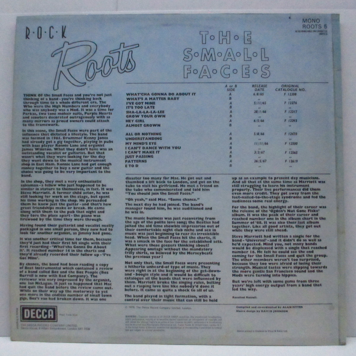 SMALL FACES (スモール・フェイセス)  - Rock Roots : The Singles Album - All The Decca 'A'+'B' Sides (UK オリジナル「ネイビー色ラベ・バージョン」モノラル LP /表面コーティングジャケ)