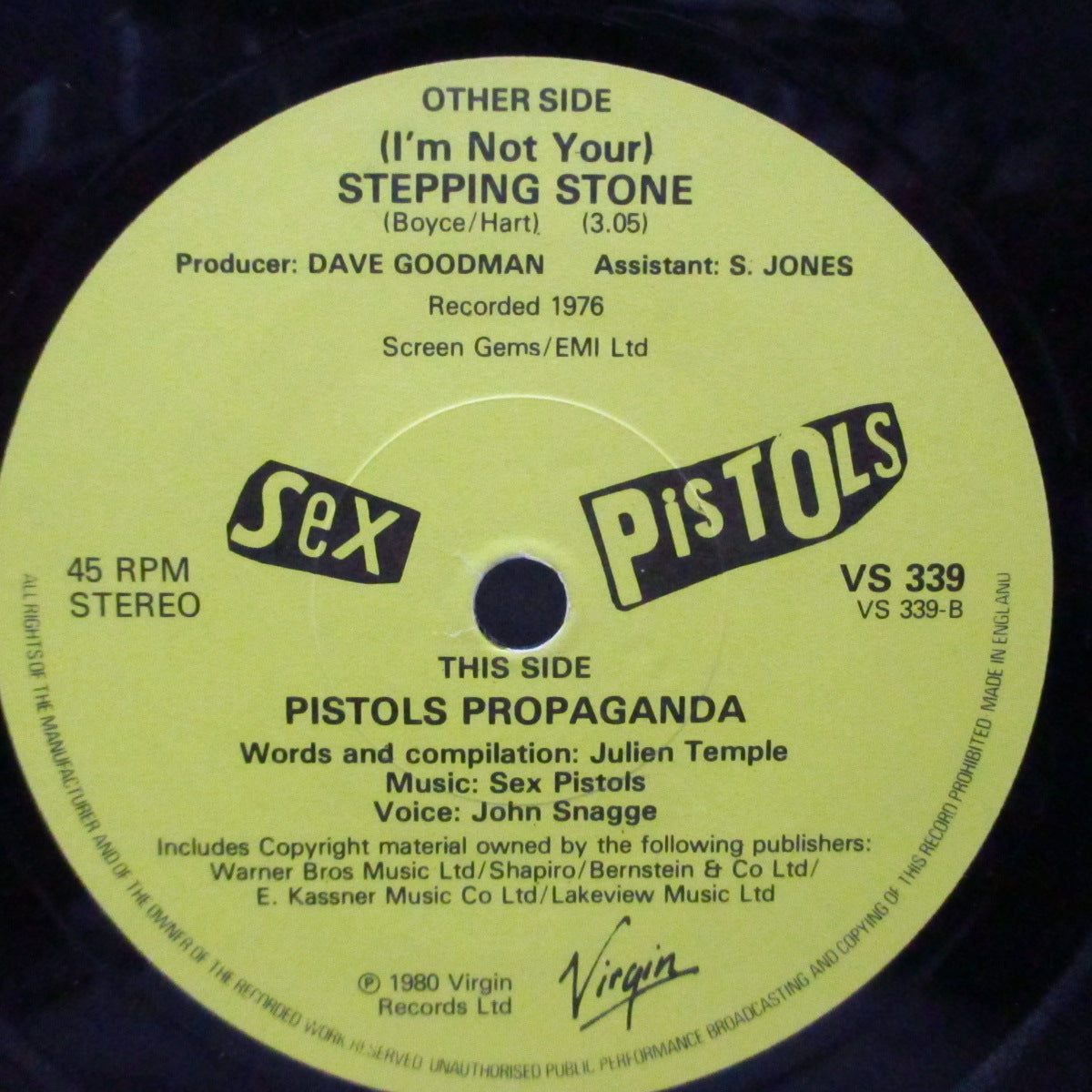 SEX PISTOLS (セックス・ピストルズ)  - (I'm Not Your) Stepping Stone (UK オリジナル 7"/マットソフト紙折り返しジャケ) ラベ周りに滑り止めラベルリング無 Ver.