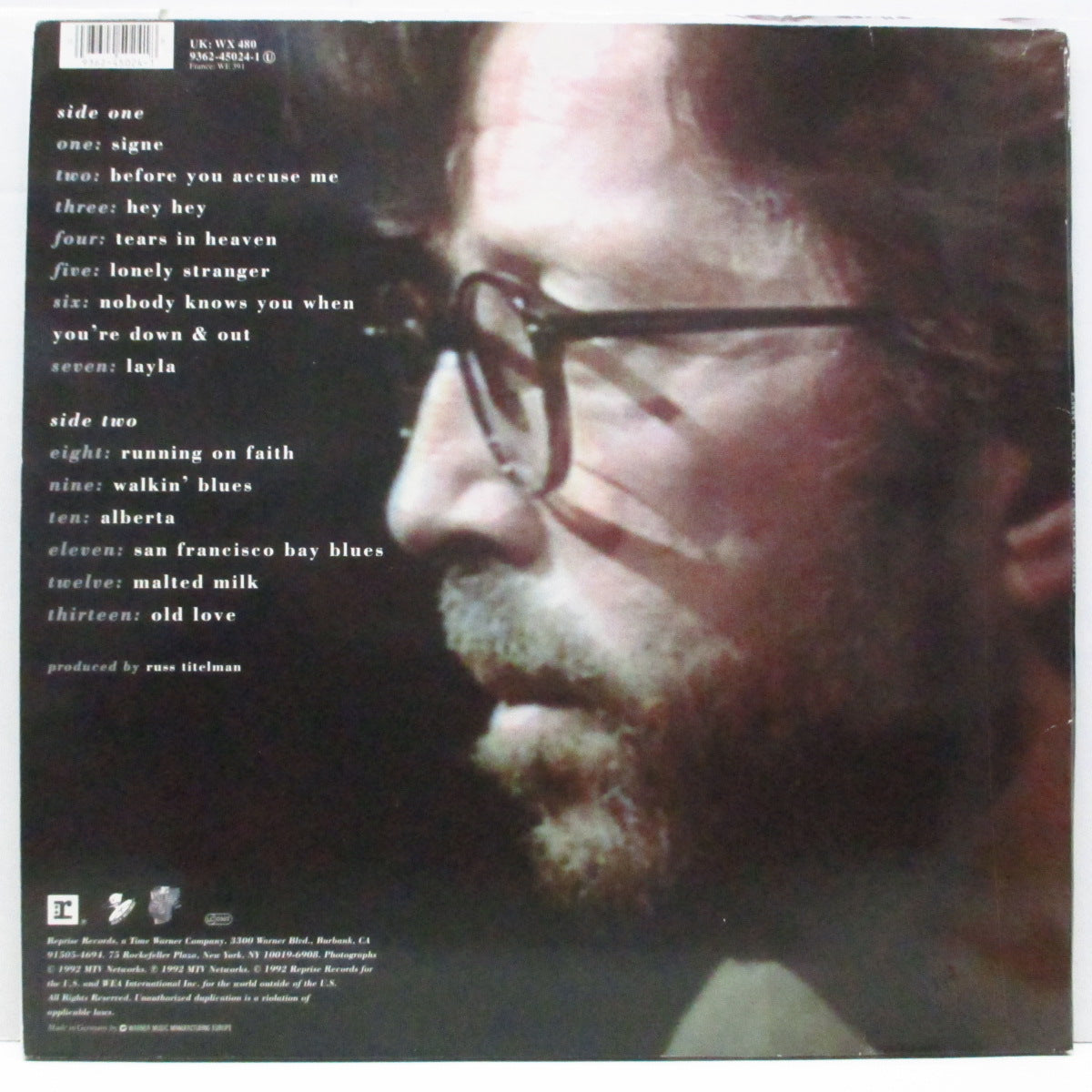 ERIC CLAPTON (エリック・クラプトン) - Unplugged (EU オリジナル LP+ソフト紙黒インナー/ステッカー付見開ジ