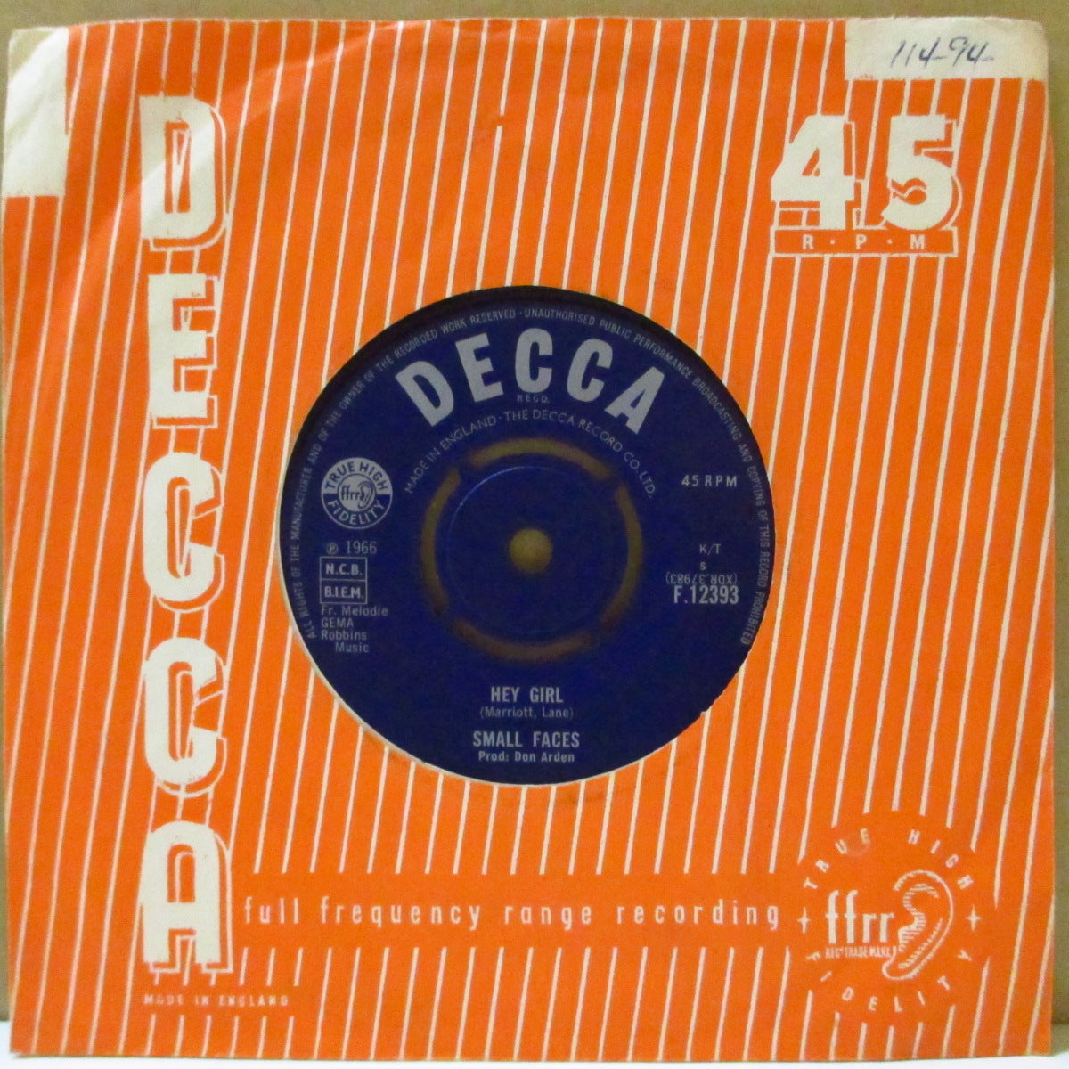 SMALL FACES (スモール・フェイセス)  - Hey Girl (UK '66 オリジナル「ラウンド・センター」7インチ+カンパニースリーブ)