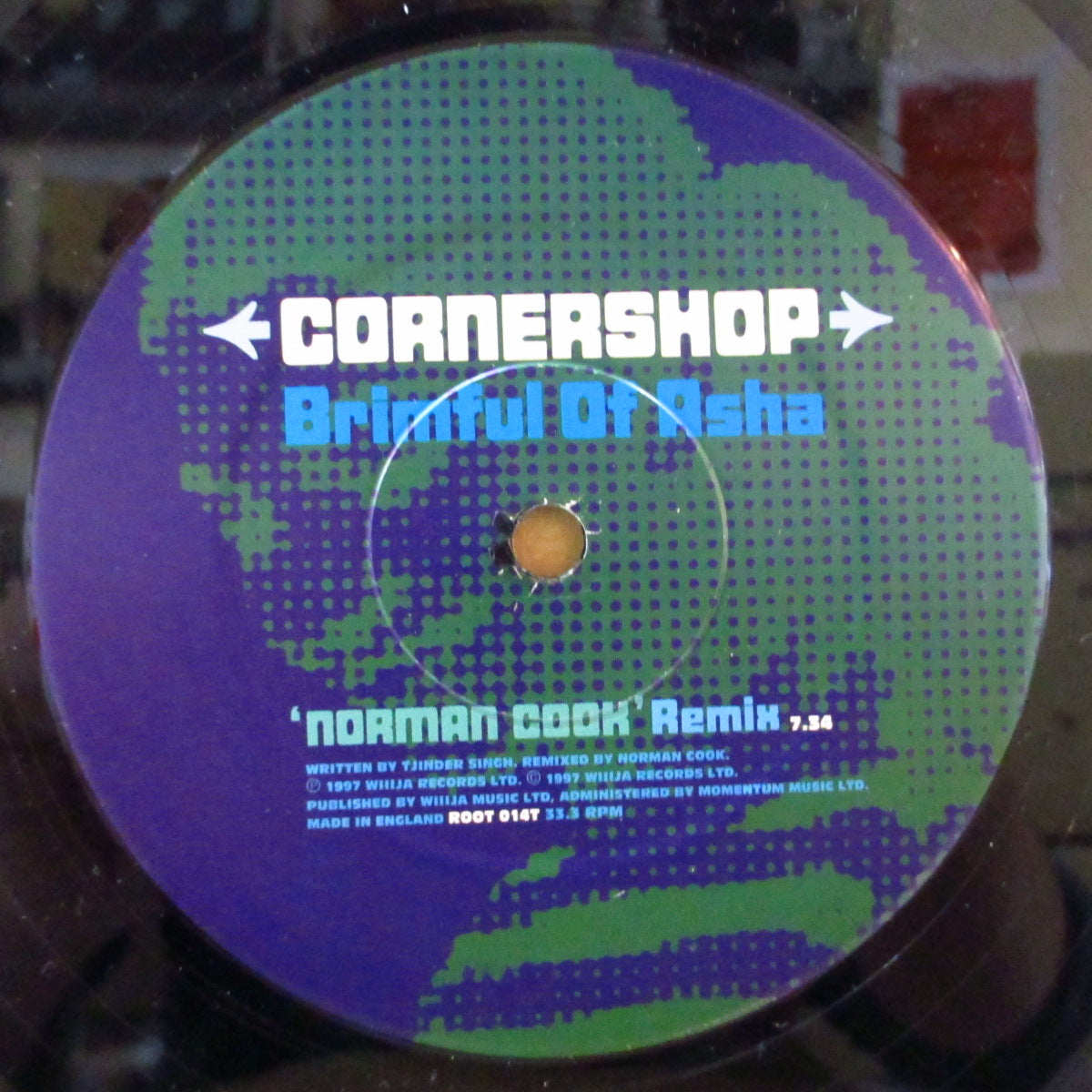 CORNERSHOP (コーナーショップ)  - Brimful Of Asha  'Norman Cook' Remix +2 (UK オリジナル 12インチ/レアステッカー付きダイカットざら紙ジャケ) '97年シングル