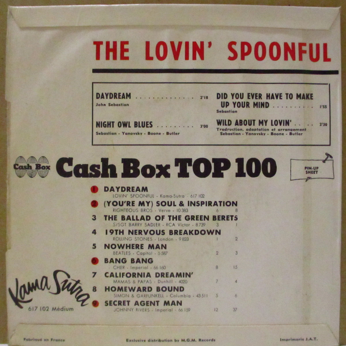 LOVIN' SPOONFUL (ラヴィン・スプーンフル)  - Daydream +3 (フランス '66 オリジナル 4曲入り 7インチ/コーティング折り返しジャケ) 