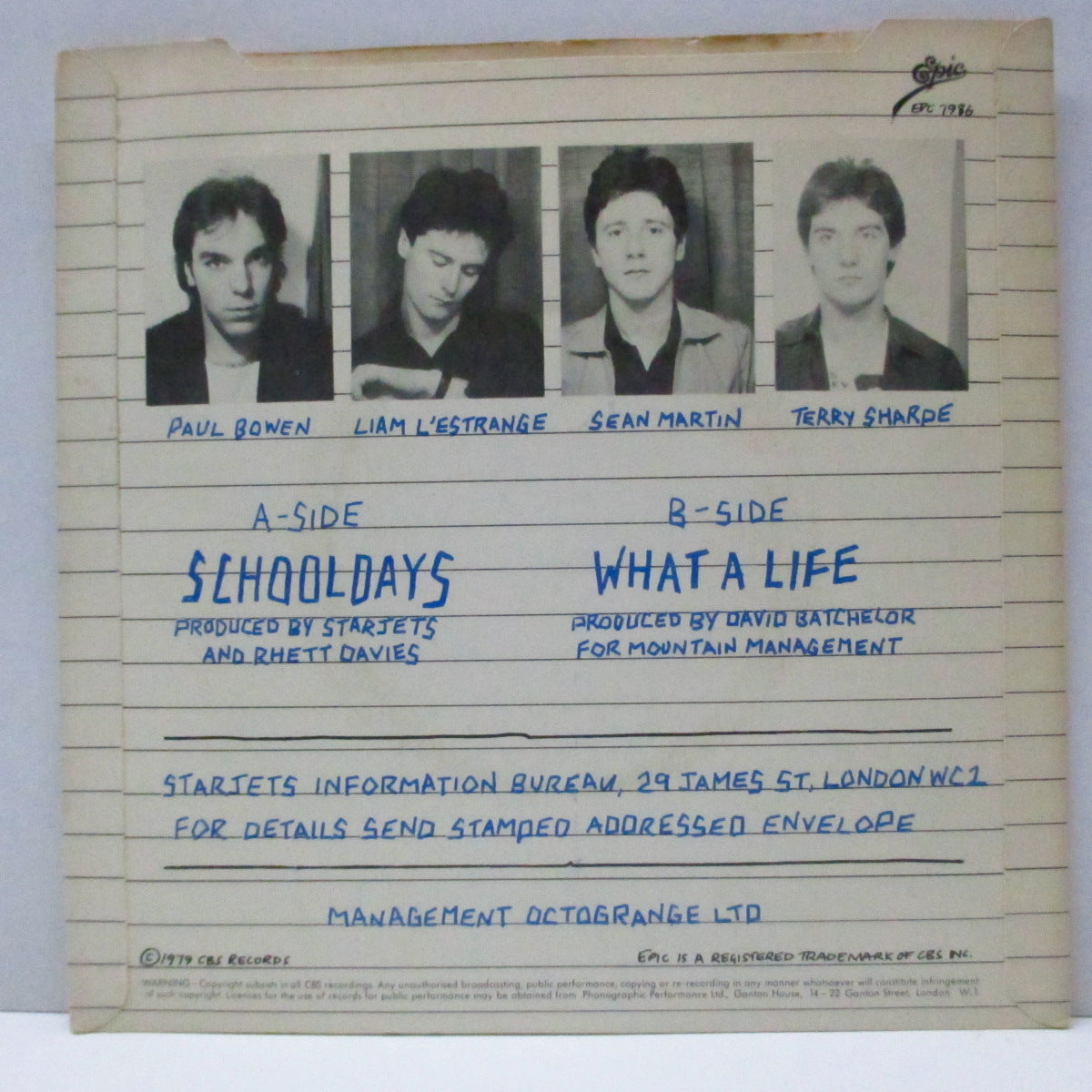 STARJETS (スタージェッツ)  - School Days (UK オリジナル 7"/光沢固紙折り返しジャケ) パンク版ベイ・シティー・ローラーズ !