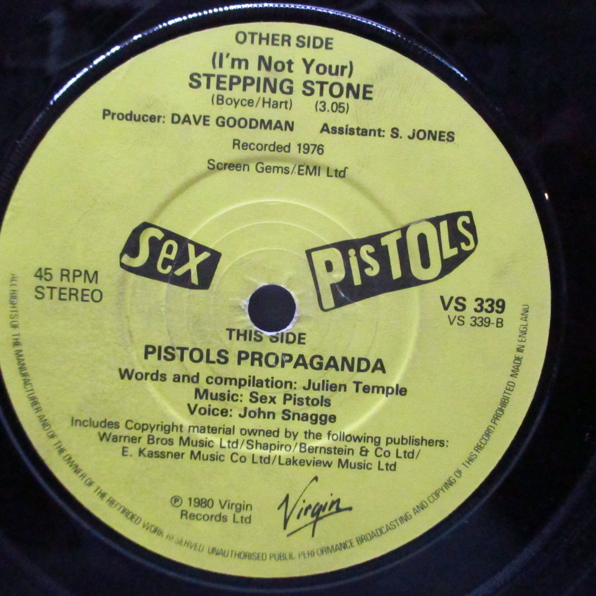 SEX PISTOLS (セックス・ピストルズ)  - (I'm Not Your) Stepping Stone (UK オリジナル 7"/光沢固紙折り返しジャケ) ラベ周りに滑り止めラベルリング有 Ver.