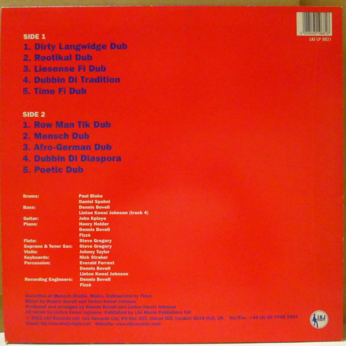 LINTON KWESI JOHNSON (リントン・クウェシ・ジョンソン)  - LKJ In Dub (UK '02 再発「青ラベ/赤青ジャケ」 LP) リミックスアルバム