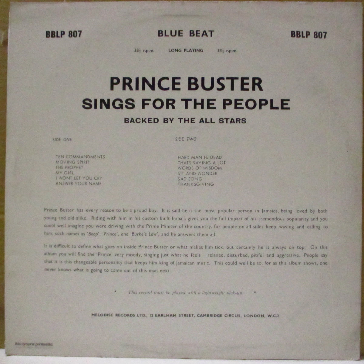 PRINCE BUSTER AND THE ALL STARS (プリンス・バスター・アンド・ザ・オール・スターズ)  - What A Hard Man Fe Dead (Jamaica '90s 再発「B面曲目ミス表記赤&白ラベ」 LP)