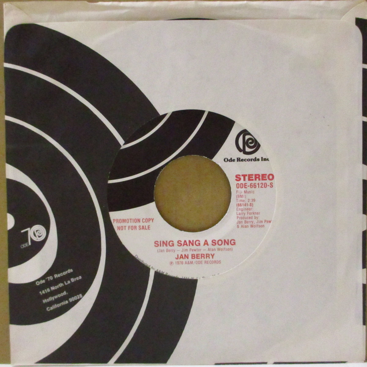 JAN BERRY (ジャン・ベリー)  - Sing Sang A Song (US '76 プロモ両面同曲 7インチ+カンパニースリーブ)ジャン＆ディーンのジャン、ソロ。