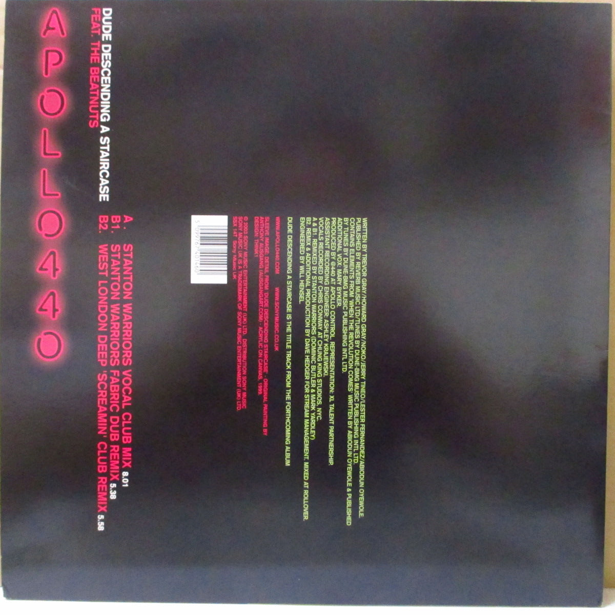APOLLO 440 Feat. THE BEATNUTS (アポロ440 / ザ・ビートナッツ)  - Dude Descending A Staircase (UK オリジナル3バージョン入り 12インチ/レアステッカー付き光沢ジャケ) '03年リミックスシングル