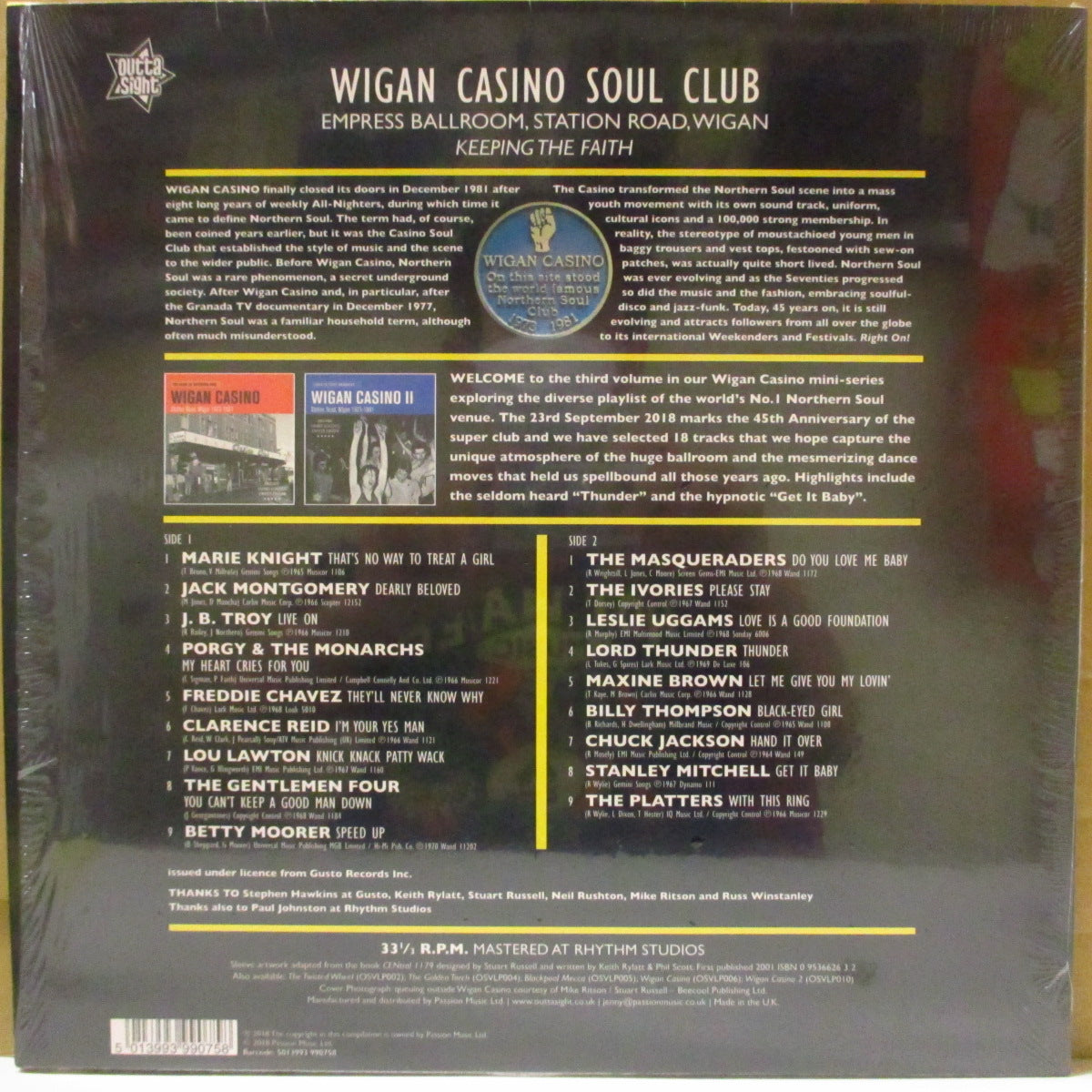 V.A. (Outta Sight社監修のシリーズ・ノーザン・コンピ)  - Wigan Casino 45 (UK '18 オリジナル限定モノラル LP) 英ノーザン聖地45周年企画コンピ第一弾