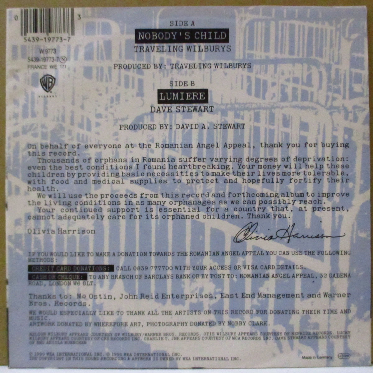 TRAVELING WILBURYS (トラヴェリング・ウィルベリーズ)  - Nobody's Child / Lumiera (EU '90 オリジナル「フラットセンター」7インチ+光沢ソフト紙ジャケ)