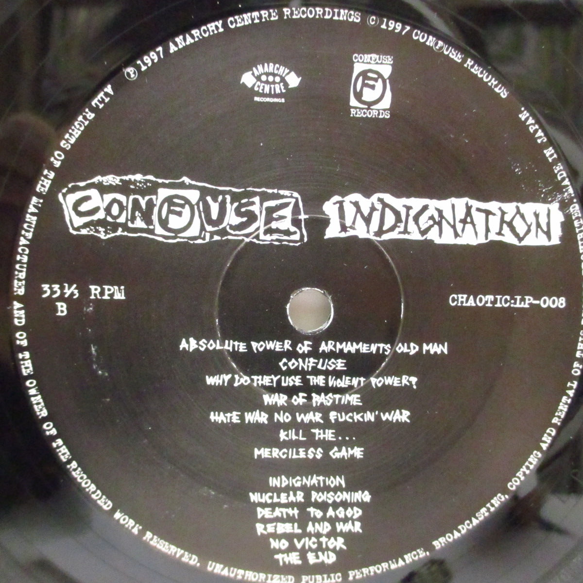 CONFUSE (コンフューズ)  - Indignation (Japan '97 1,500枚限定再発 LP+インサート）'84年カセット音源！