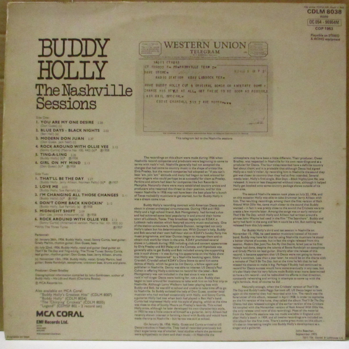 BUDDY HOLLY (バディ・ホリー)  - The Nashville Sessions (UK '75 ボーナス入り再発モノラル LP/CDLM-8038) 58年生前ラスト作に未発表テイクを追加