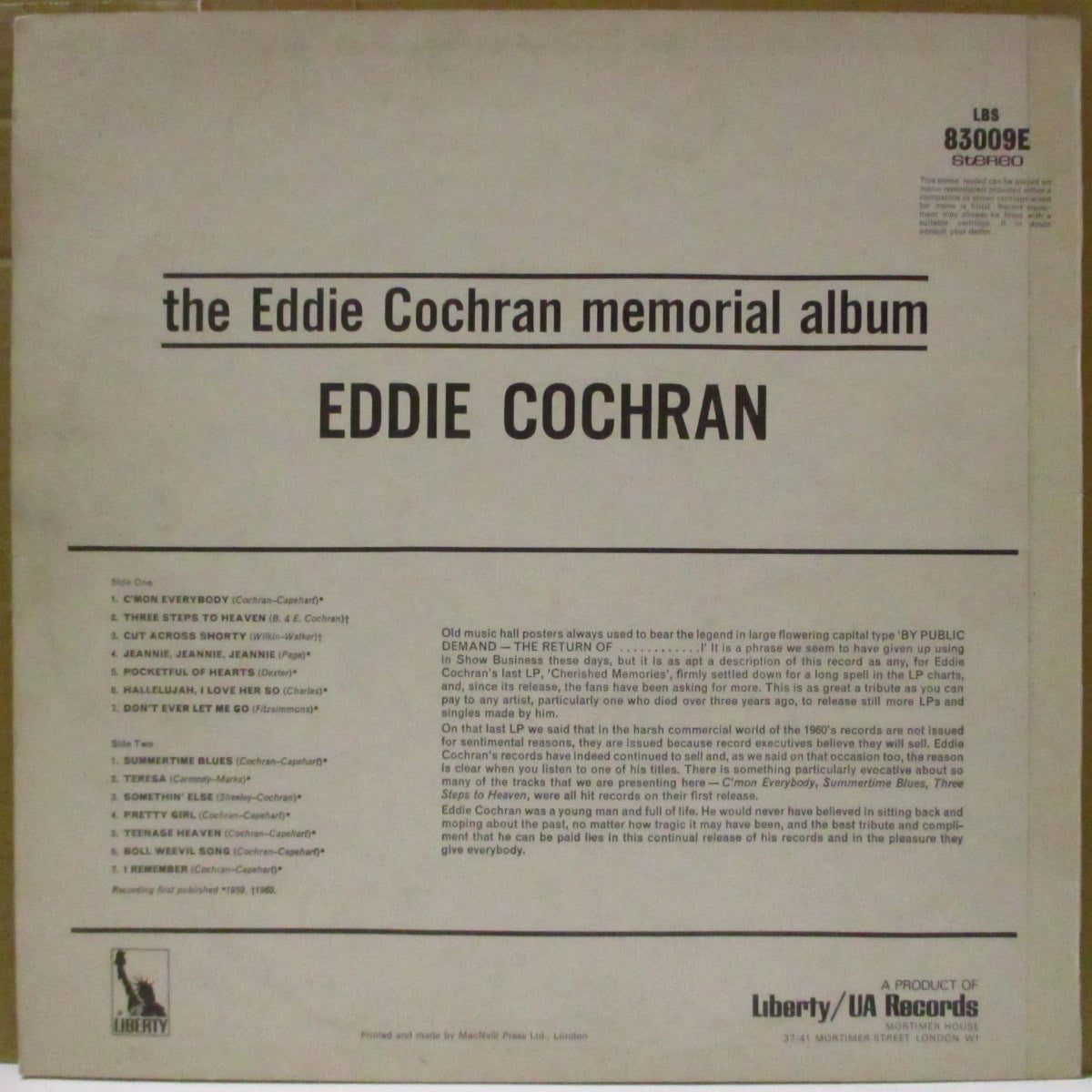 EDDIE COCHRAN (エディ・コクラン)  - The Eddie Cochran Memorial Album (UK '70 再発「ブルー＆スカイブルー・ラベ ver」（擬似）ステレオLP /表面コーティングジャケ) 追悼企画ベスト・アルバム第1弾。