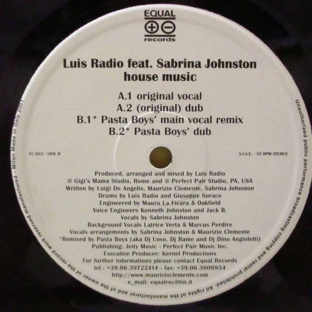 LUIS RADIO Feat, SABRINA JOHNSTON (ルイス・レディオ / サブリナ・ジョンストン)  - House Music (Italy '01 オリジナル33回転4曲入り 12インチ)