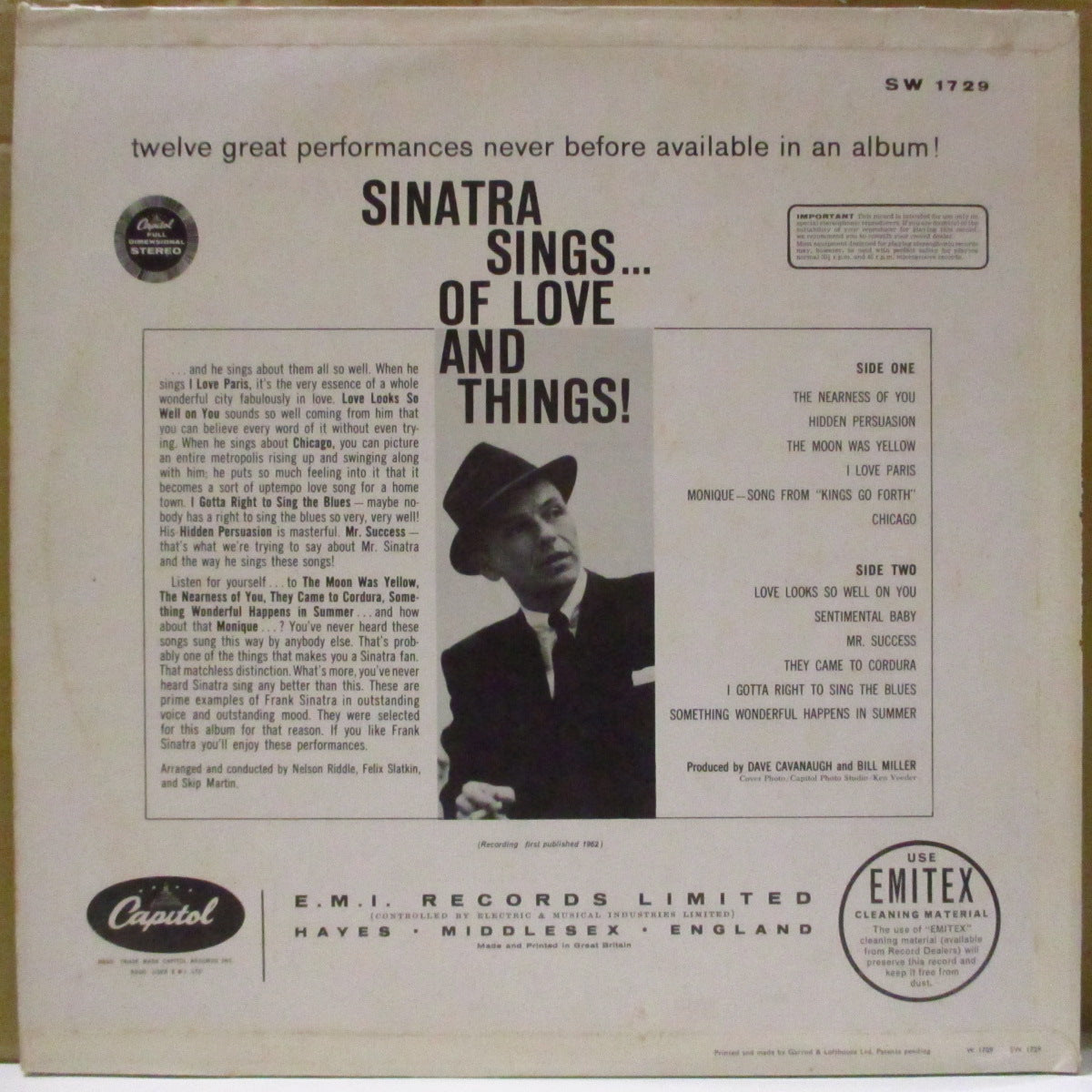 FRANK SINATRA  (フランク・シナトラ)  - Sinatra Sings...Of Love And Things (UK '62 オリジナル・ステレオLP/表面コーティング折り返しジャケ)キャピトル社シングルコンピ
