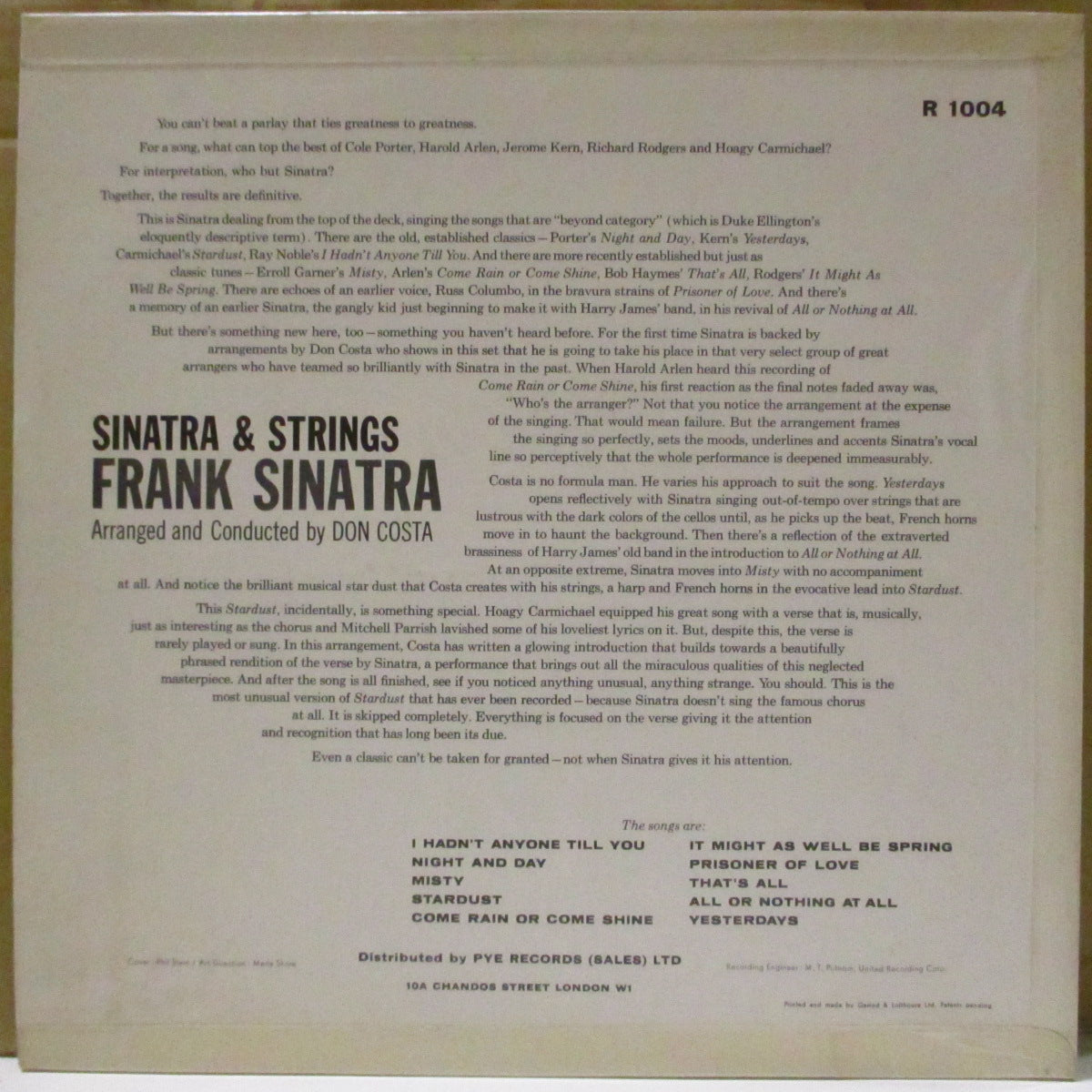 FRANK SINATRA  (フランク・シナトラ)  - Sinatra & Strings (UK '62 オリジナル・モノラル LP/表面コーティング折り返しジャケ) スタンダード・バラードで構成された24枚目のスタジオ・アルバム