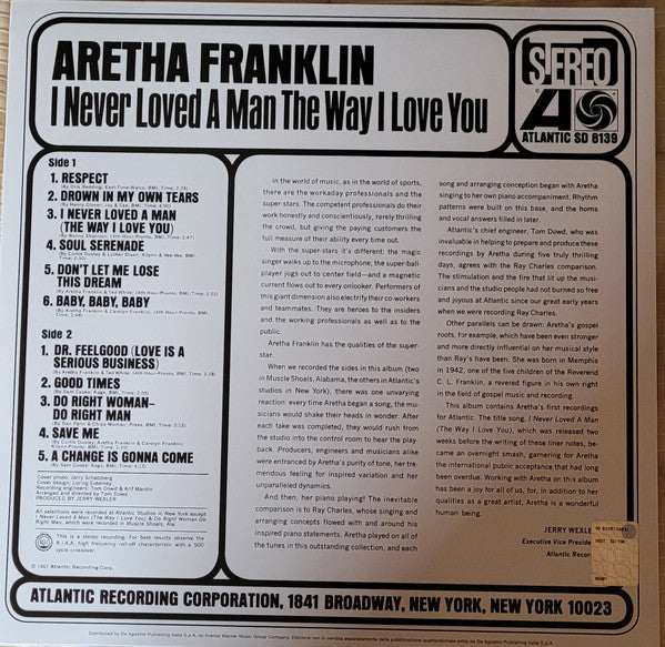 ARETHA FRANKLIN (アレサ・フランクリン)  - I Never Loved A Man The Way I Love You (スペイン限定復刻再発「黒盤」ステレオ LP/New)