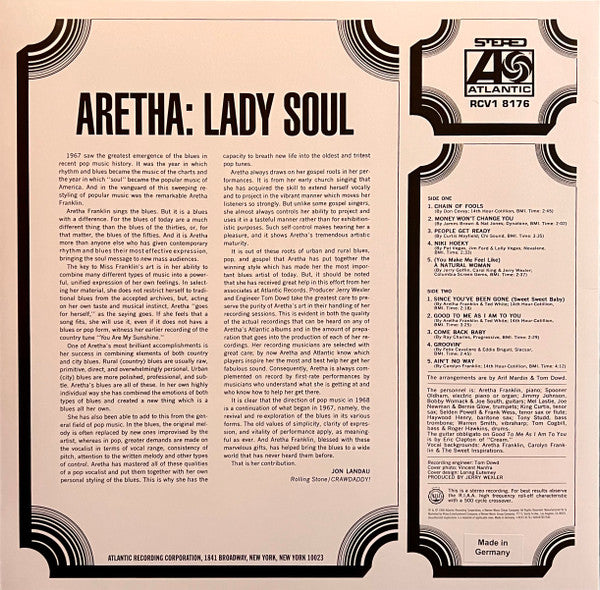 ARETHA FRANKLIN (アレサ・フランクリン)  - Lady Soul (US 限定「クリスタル・クリア VINYL」再発ステレオLP/New) '68年SOULチャート1位（POP2位）の大ヒット作