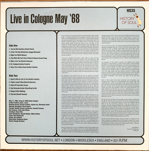 ARETHA FRANKLIN (アレサ・フランクリン)  - Live In Cologne May ‘68 (EU 限定プレスLP / New) '68年26歳大充実期のドイツ・スタジオ・ライブ！