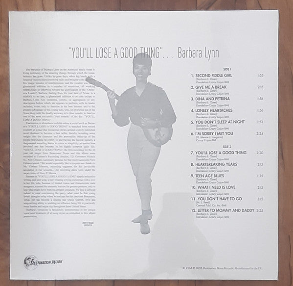 BARBARA LYNN (バーバラ・リン)  - You'll Lose A Good Thing (EU 限定500枚復刻再発「クリア・ヴァイナル」 LP/New)  '63年名作デビューアルバム！