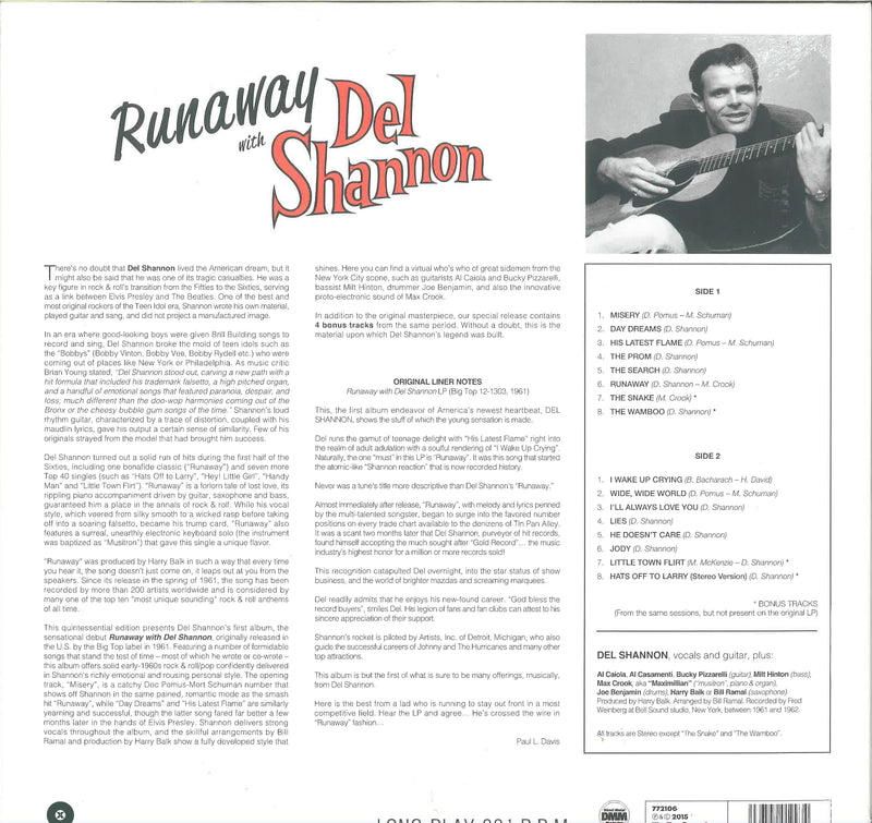 DEL SHANNON (デル・シャノン)  - Runaway With Del Shannon (EU 限定復刻ボーナス入り再発 180g LP/New)