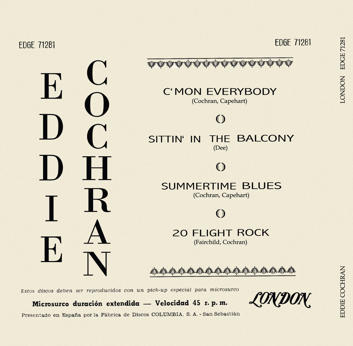EDDIE COCHRAN (エディ・コクラン)  - C'mon Everybody + 3 (スペイン限定復刻リプロ再発4曲入り7インチEP/折り返しジャケも再現/ New) '60年スペインEPの再現！