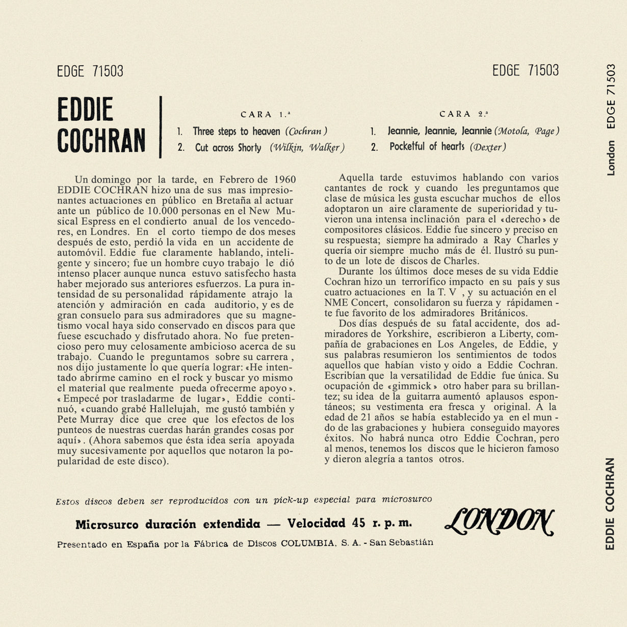 EDDIE COCHRAN (エディ・コクラン)  - Three Steps To Heaven + 3 (スペイン限定復刻リプロ再発4曲入り7インチEP/折り返しジャケも再現/ New) '61年スペインEPの再現！