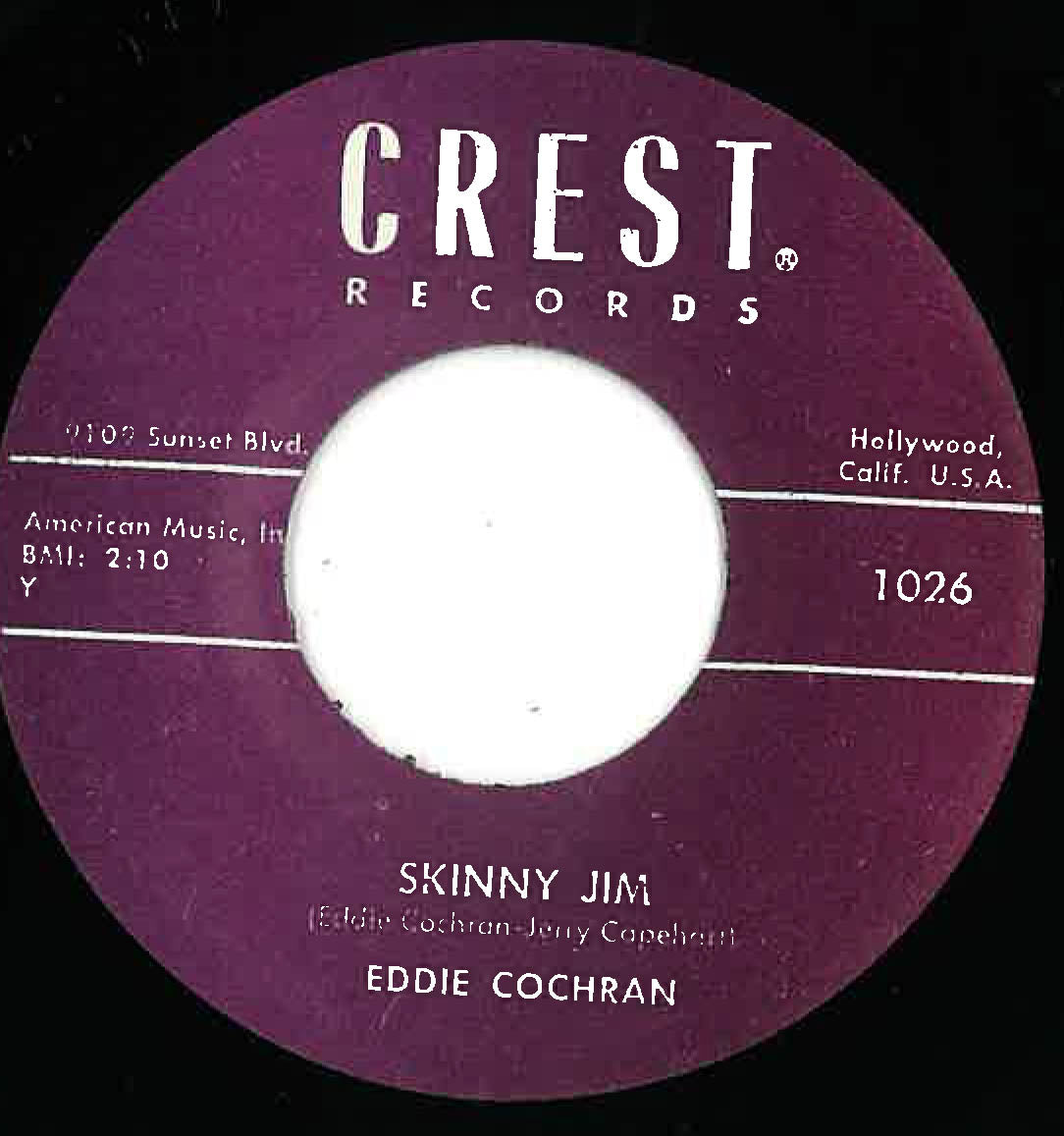 EDDIE COCHRAN (エディ・コクラン)  - Skinny Jim / Half Loved (US 限定リプロ再発「黒盤」 7インチ/ New) '56年Crest社からのソロ名義デビュー作