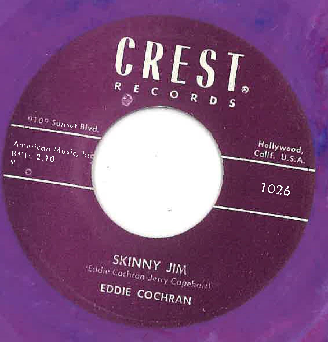 EDDIE COCHRAN (エディ・コクラン)  - Skinny Jim / Half Loved (US 限定リプロ再発「パープル・マーブル VINYL」7インチ/ New) '56年Crest社からのソロ名義デビュー作