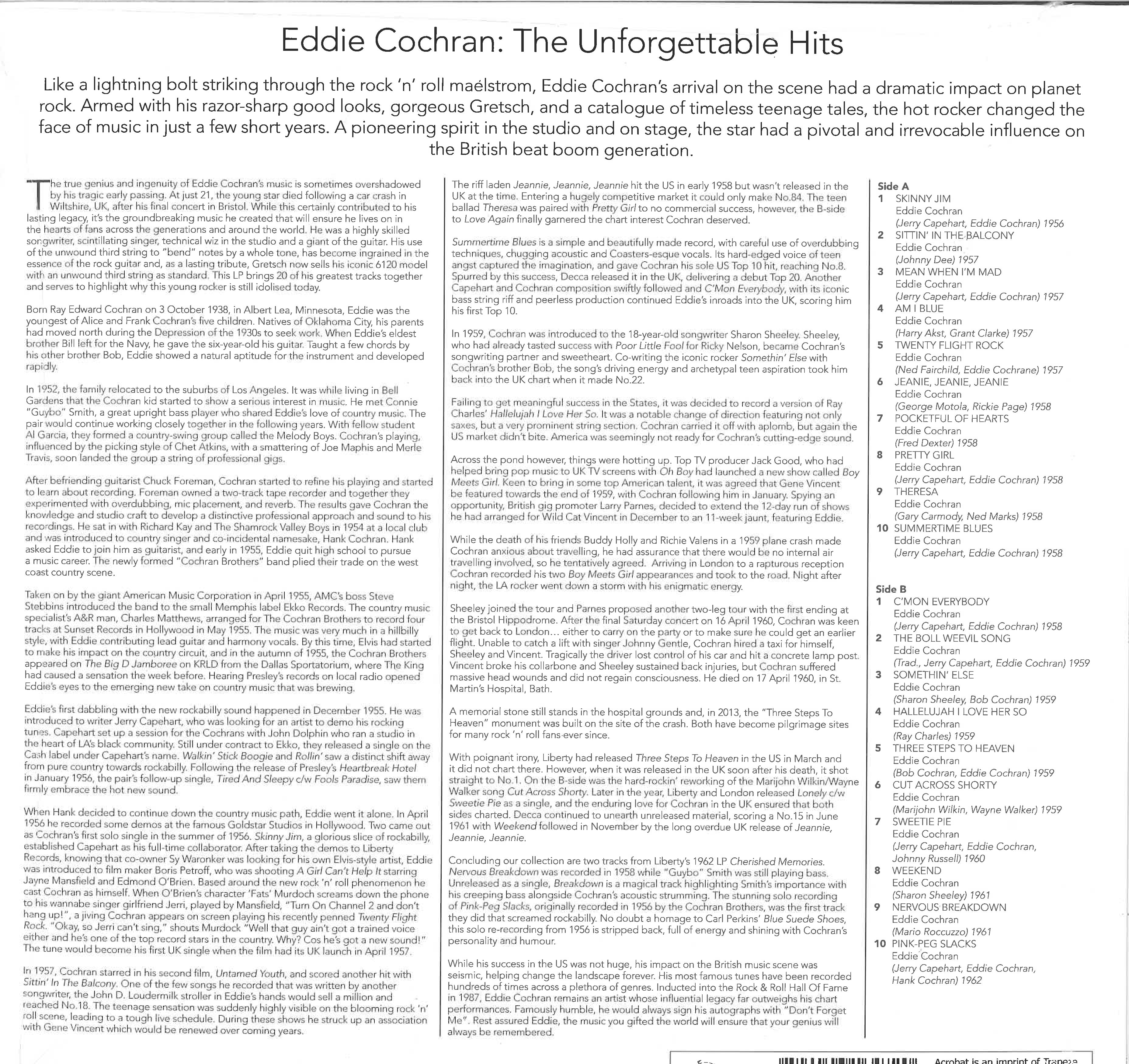 EDDIE COCHRAN (エディ・コクラン)  - The Unforgettable Hits (EU 限定プレス LP/New) ベスト全20曲！