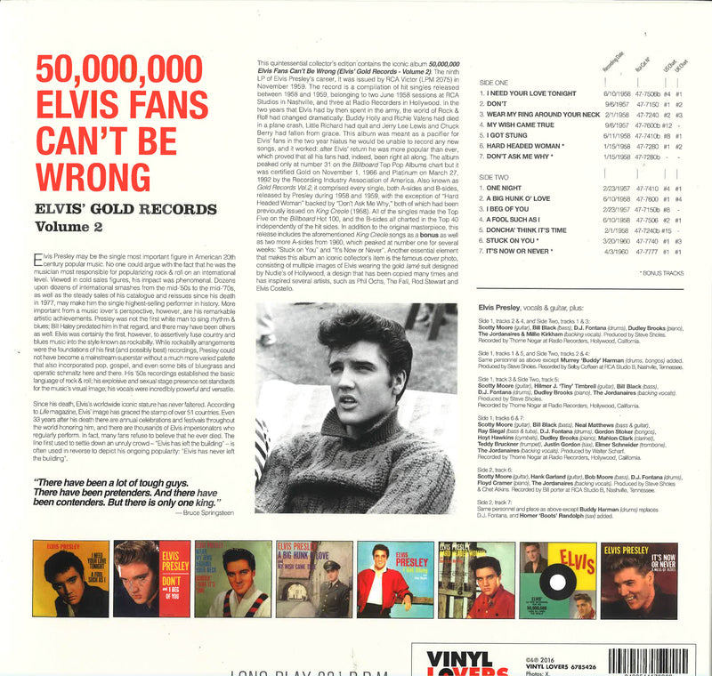 ELVIS PRESLEY (エルヴィス・プレスリー) - 50,000,000 Elvis Fans Can't Be Wrong (Elvis'  Gold Records, Vol. 2) (EU 限定復刻ボーナス入り再発180g LP/New)