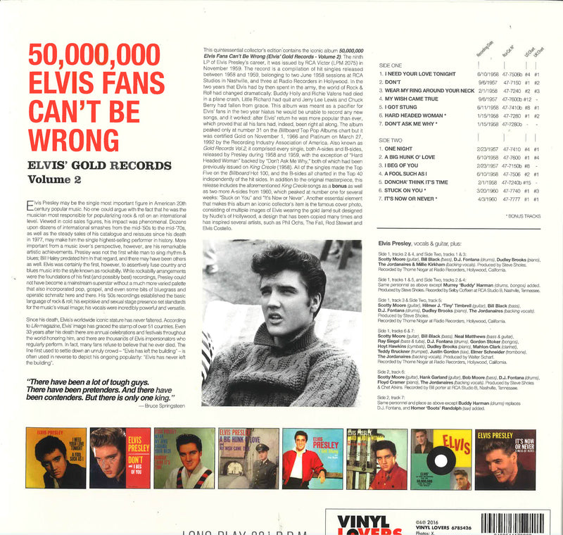 ELVIS PRESLEY (エルヴィス・プレスリー)  - 50,000,000 Elvis Fans Can't Be Wrong (Elvis' Gold Records, Vol. 2)  (EU 限定復刻ボーナス入り再発180g LP/New)