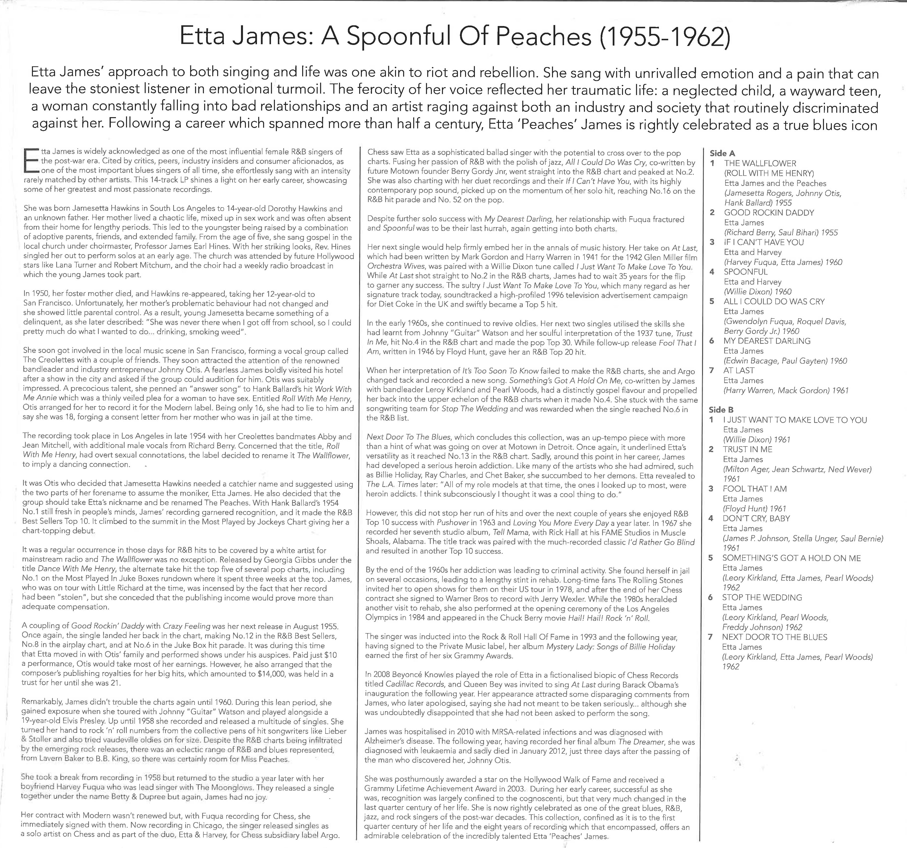 ETTA JAMES (エタ・ジェイムズ)  -  A Spoonful Of Peaches (UK 限定リリース LP/New) ベスト14曲！