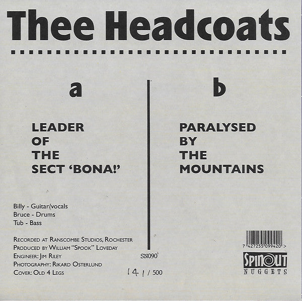HEADCOATS, Thee (ヘッドコーツ)  - Leader Of The Sect 'Bona ! (UK 限定500枚ナンバリング入りざら紙ジャケ付き 7"/New)