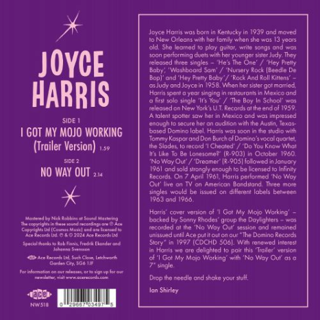 JOYCE HARRIS (ジョイス・ハリス)  - I GOT MY MOJO WORKING (TRAILER VERSION) / NO WAY OUT (UK 限定ジャケ付き 7"/New）