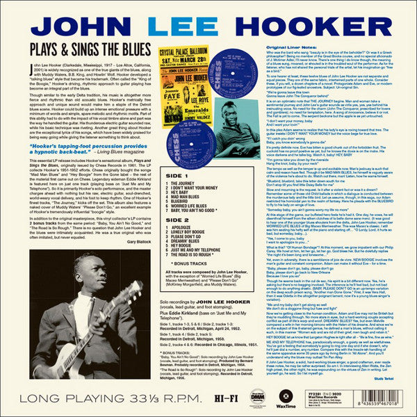 JOHN LEE HOOKER (ジョン・リー・フッカー)  - Plays & Sings The Blues (EU 限定復刻ボーナス入り再発180g  LP/New)