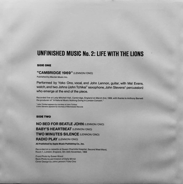 JOHN LENNON / YOKO ONO (ジョン・レノン / オノ・ヨーコ)  - 「未完成」作品第2番 :ライフ・ウィズ・ザ・ライオンズ  (Japan 限定復刻「ホワイトカラーVINYL」LP+オマケ/New)